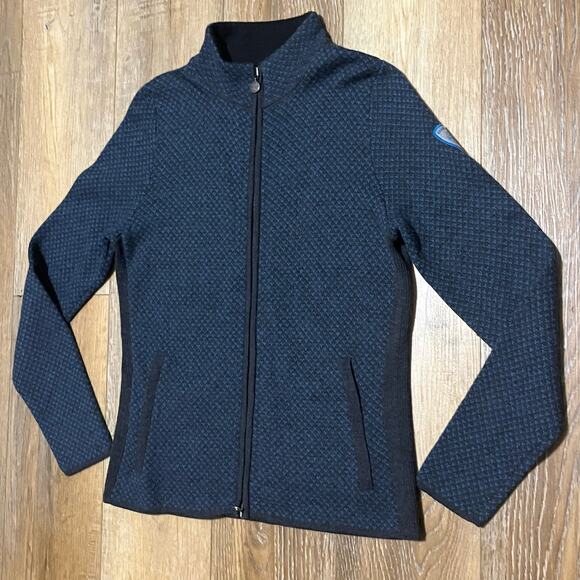 Eddie Bauer Merino Wool Full Zip Mock Neck Jacket Womens L Blue Tweed Academia - Picture 2 of 6